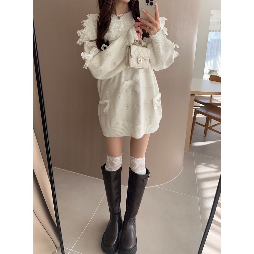 Anita Japan代購 🌸 日本 GRL 甜美蕾絲蝴蝶結 荷葉邊針織上衣 長袖 針織 pa033-細節圖2