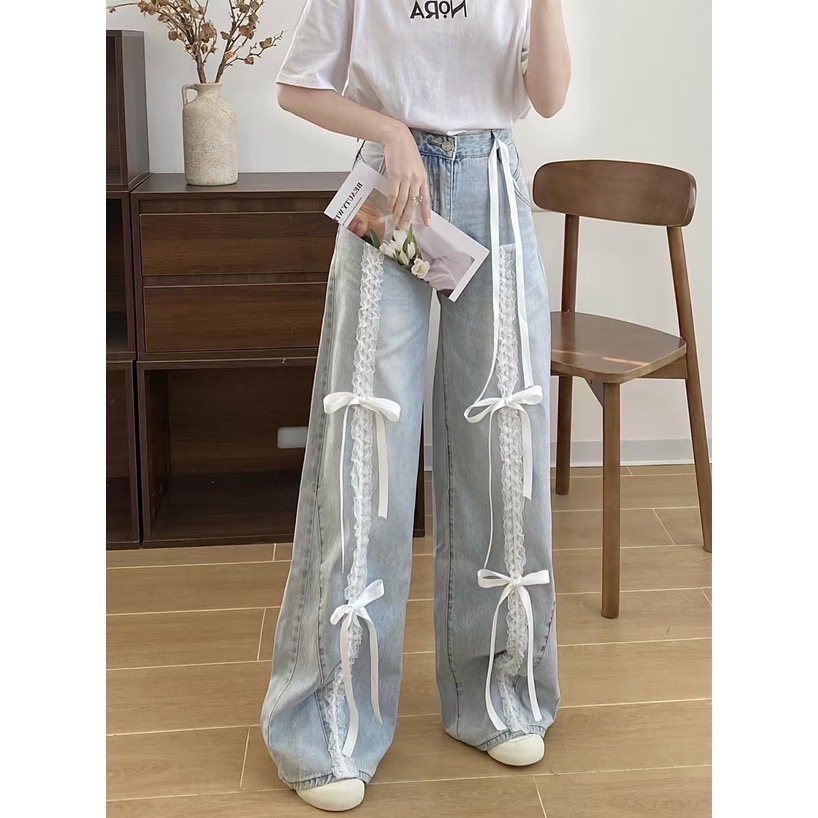 Anita Japan代購 🌸 日本 GRL 甜美休閒 蝴蝶結 蕾絲荷葉邊 寬牛仔褲 寬褲 牛仔褲 蕾絲 at2424-細節圖2