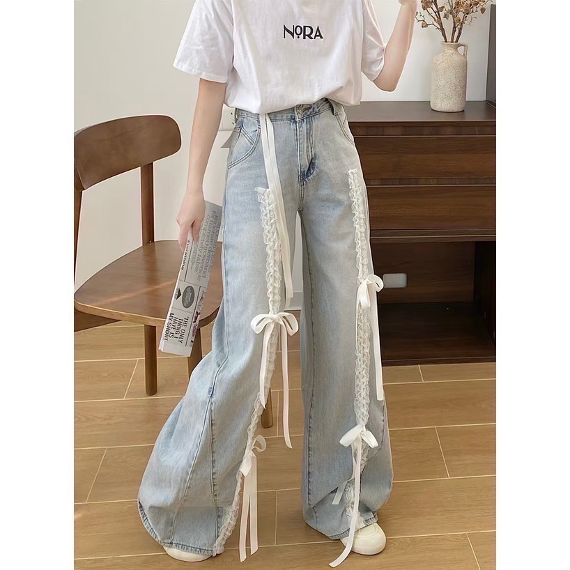 Anita Japan代購 🌸 日本 GRL 甜美休閒 蝴蝶結 蕾絲荷葉邊 寬牛仔褲 寬褲 牛仔褲 蕾絲 at2424-細節圖3