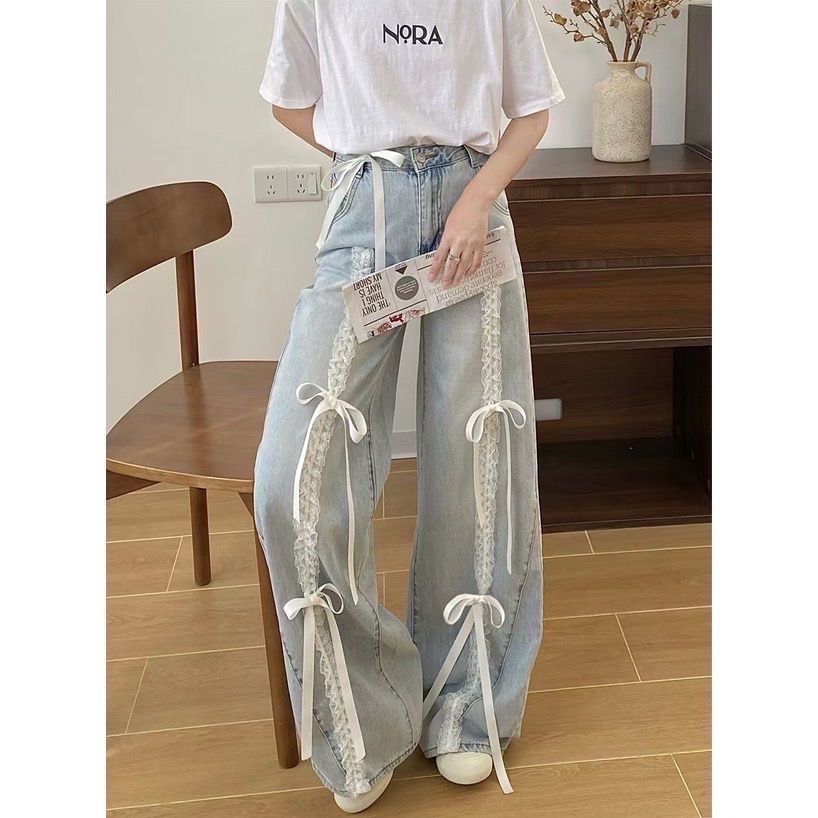 Anita Japan代購 🌸 日本 GRL 甜美休閒 蝴蝶結 蕾絲荷葉邊 寬牛仔褲 寬褲 牛仔褲 蕾絲 at2424-細節圖4