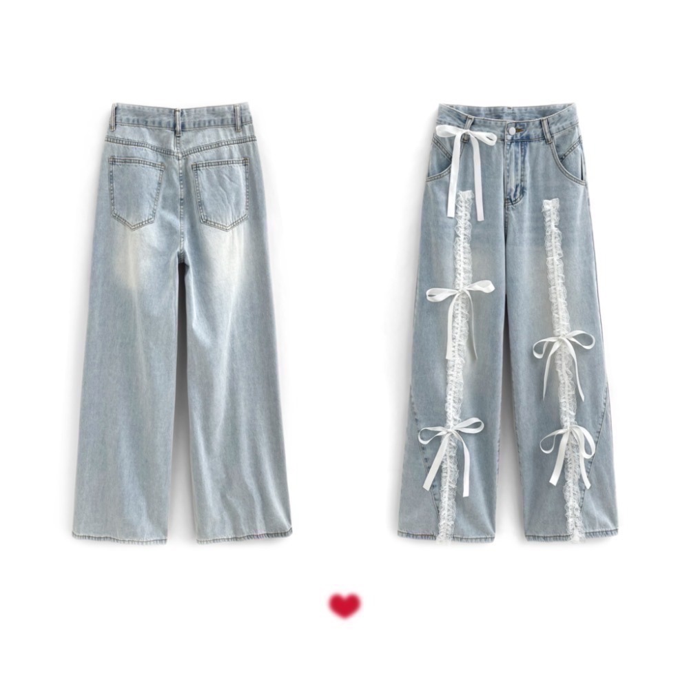 Anita Japan代購 🌸 日本 GRL 甜美休閒 蝴蝶結 蕾絲荷葉邊 寬牛仔褲 寬褲 牛仔褲 蕾絲 at2424-細節圖5