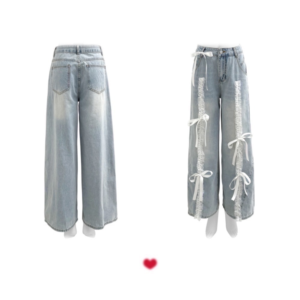 Anita Japan代購 🌸 日本 GRL 甜美休閒 蝴蝶結 蕾絲荷葉邊 寬牛仔褲 寬褲 牛仔褲 蕾絲 at2424-細節圖6