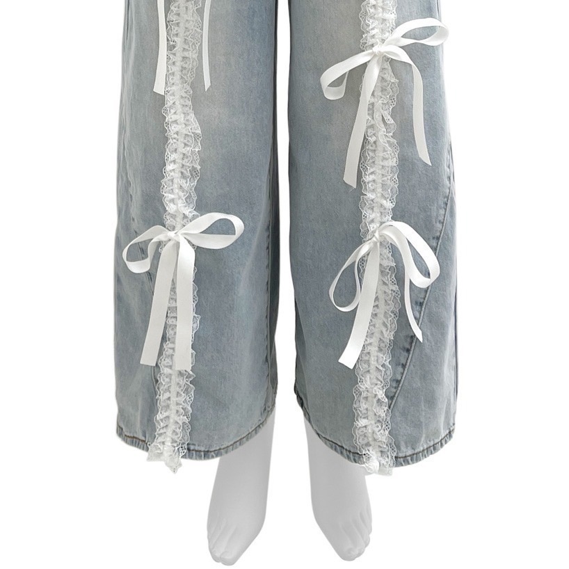 Anita Japan代購 🌸 日本 GRL 甜美休閒 蝴蝶結 蕾絲荷葉邊 寬牛仔褲 寬褲 牛仔褲 蕾絲 at2424-細節圖8