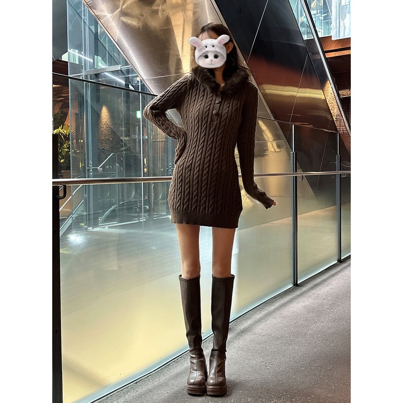 Anita Japan代購 🌸 日本 GRL 毛絨絨 連帽編織針織連身裙 短洋 洋裝 針織 編織 長袖 an1704-細節圖5