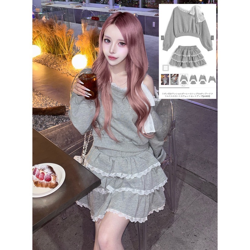 Anita Japan代購 🌸 日本 GRL 甜美柔性 單肩蕾絲短版上衣 層次迷你裙 套裝 短裙 蕾絲裙 pm803-細節圖4