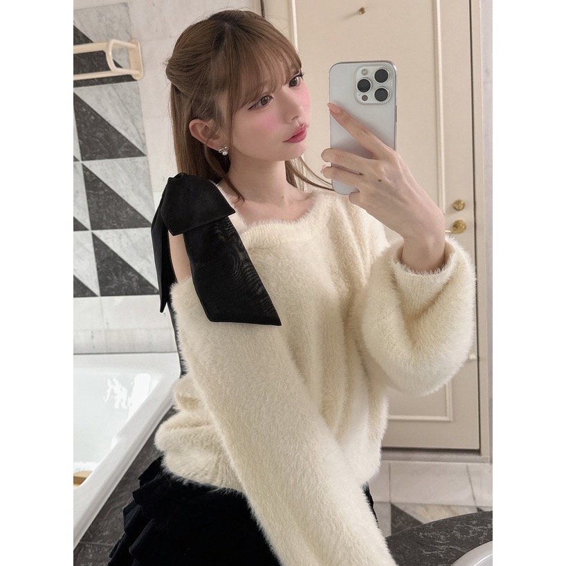 Anita Japan代購 🌸 日本 GRL 單肩綁帶 毛絨絨針織 舒適毛絨感 針織 長袖 pm842-細節圖3