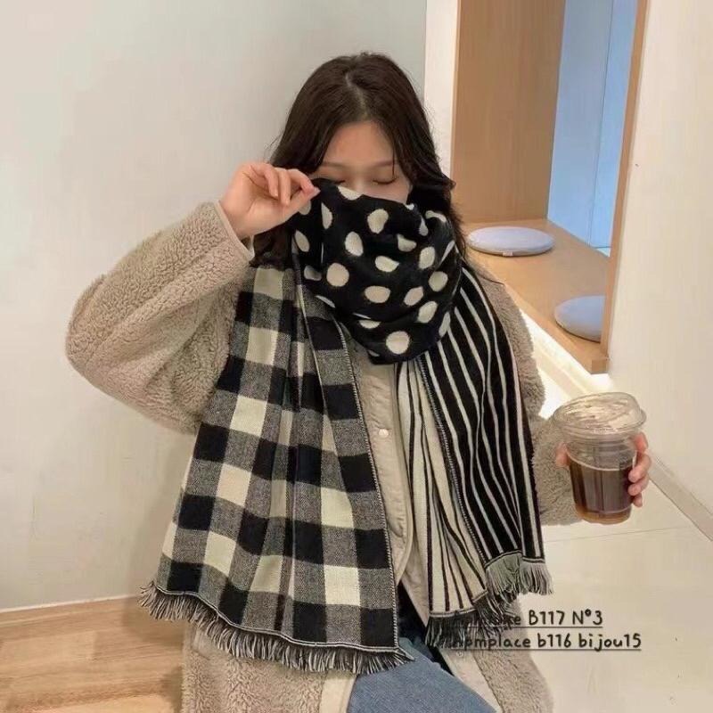 MiaoMiao Korea 百搭款 黑白幾何圖案圍巾 秋冬 東大門 正韓代購-細節圖6