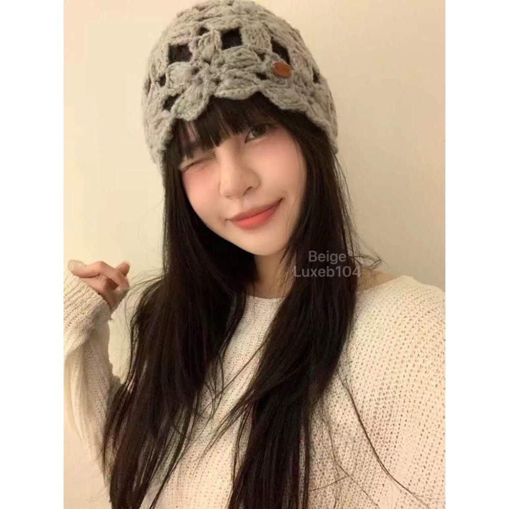 MiaoMiao Korea 韓妞戴這頂🧶 皮標鉤花針織帽 秋冬 東大門 正韓代購-細節圖2