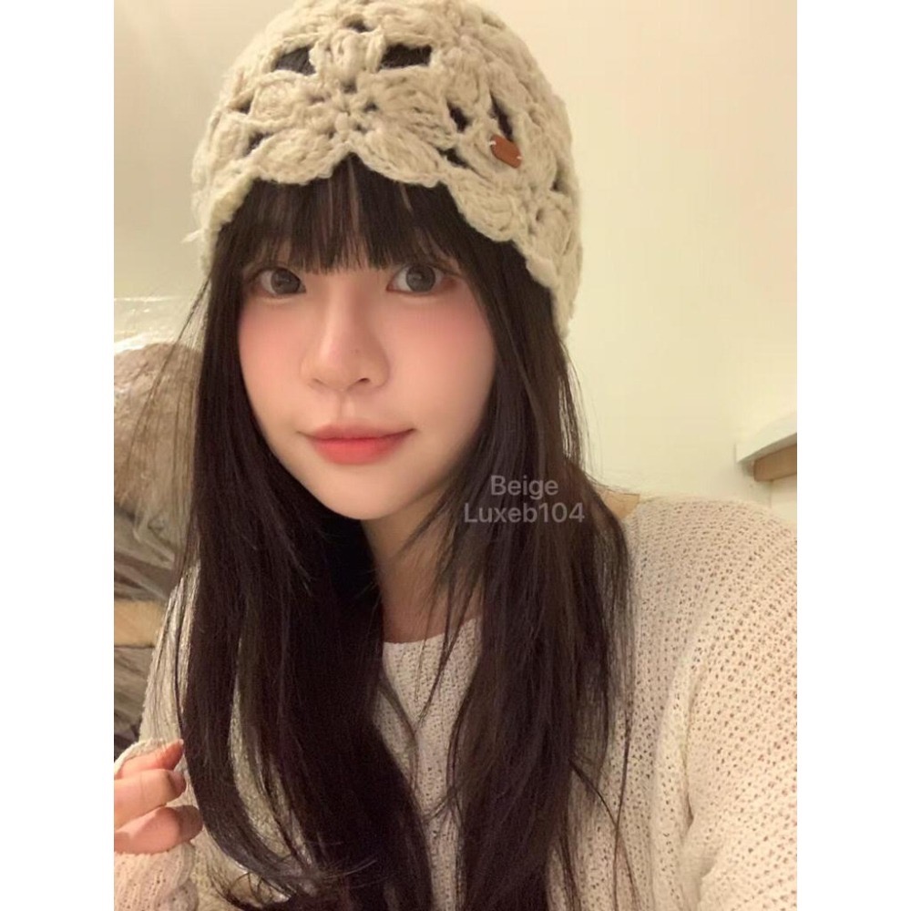 MiaoMiao Korea 韓妞戴這頂🧶 皮標鉤花針織帽 秋冬 東大門 正韓代購-細節圖3