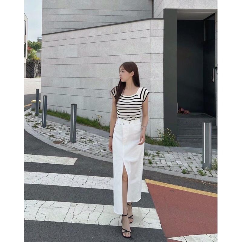 【現+預】MiaoMiao Korea 氣質歐膩 白色開衩牛仔裙 春夏 東大門 正韓代購-細節圖2