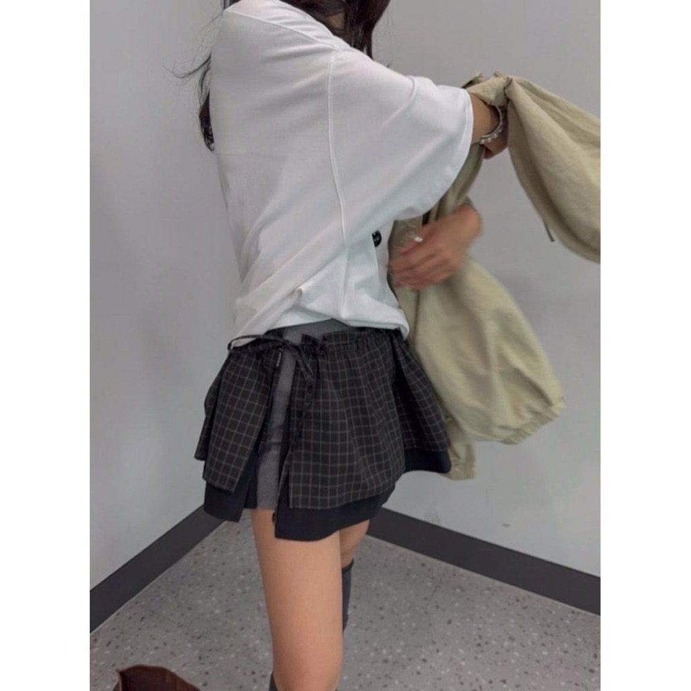 MiaoMiao Korea 俏皮復古 格紋拼接屁廉 秋季 東大門 正韓代購-細節圖4