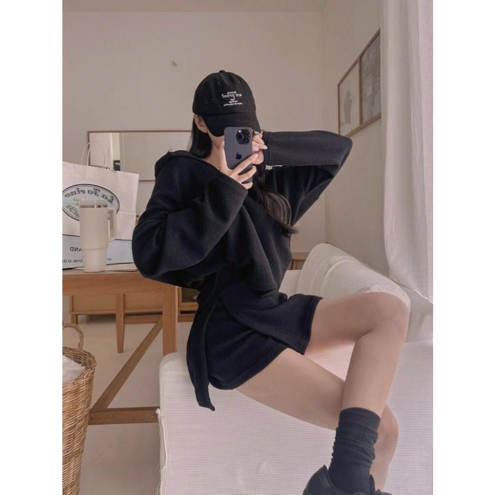 MiaoMiao Korea 不費力穿搭👌 厚磅針織連帽套裝 連帽上衣+鬆緊褲裙 秋季 東大門 正韓代購-細節圖5