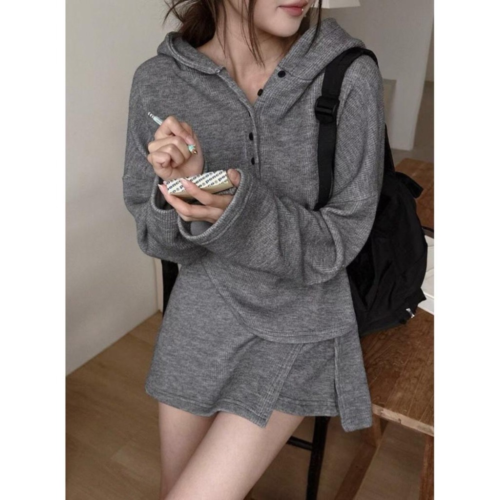 MiaoMiao Korea 不費力穿搭👌 厚磅針織連帽套裝 連帽上衣+鬆緊褲裙 秋季 東大門 正韓代購-細節圖9