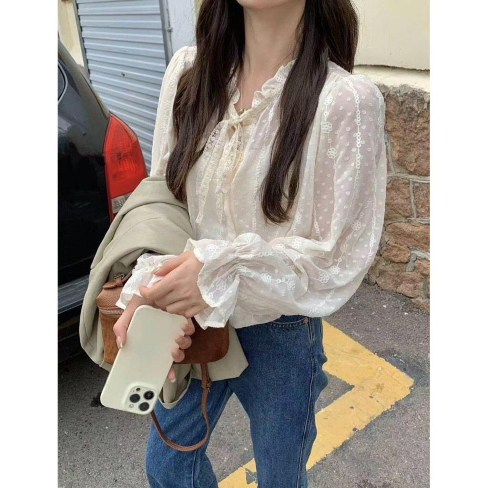 【現+預】MiaoMiao Korea 法式浪漫🌹 蕾絲刺繡花邊透膚上衣 秋季 東大門 正韓代購-細節圖3