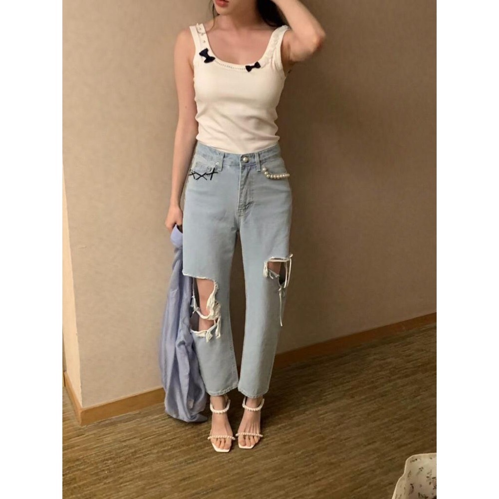 【現貨】MiaoMiao Korea 陪妳可可愛愛❤️ 絲帶蝴蝶結破洞牛仔褲 春夏 東大門 正韓代購-細節圖6