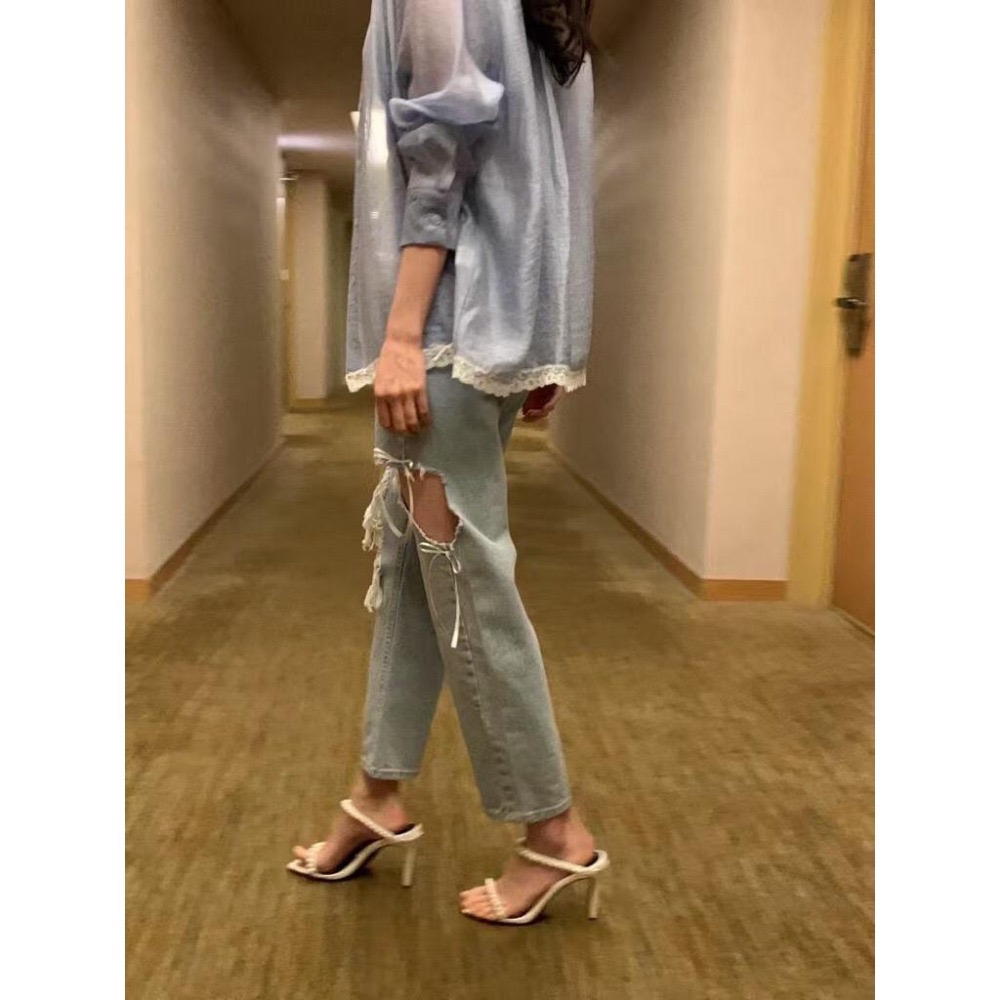 【現貨】MiaoMiao Korea 陪妳可可愛愛❤️ 絲帶蝴蝶結破洞牛仔褲 春夏 東大門 正韓代購-細節圖7