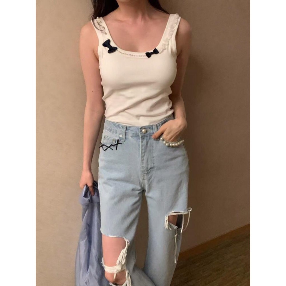 【現貨】MiaoMiao Korea 陪妳可可愛愛❤️ 絲帶蝴蝶結破洞牛仔褲 春夏 東大門 正韓代購-細節圖9