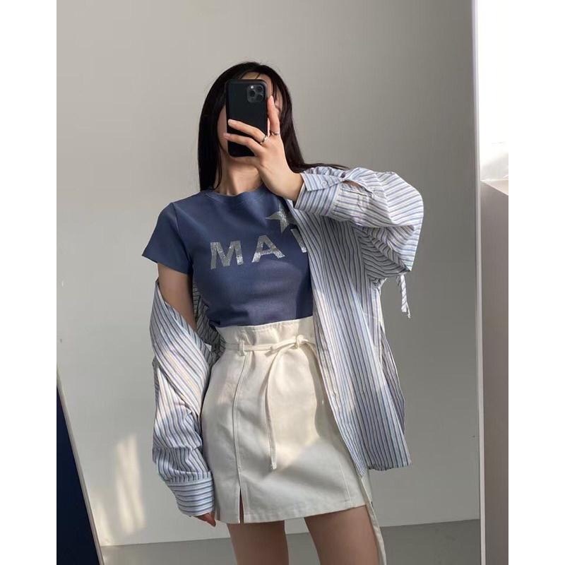 【現貨】MiaoMiao Korea 襯衫罩衫 條紋拼接露臂綁帶襯衫 春季 東大門 正韓代購-細節圖2