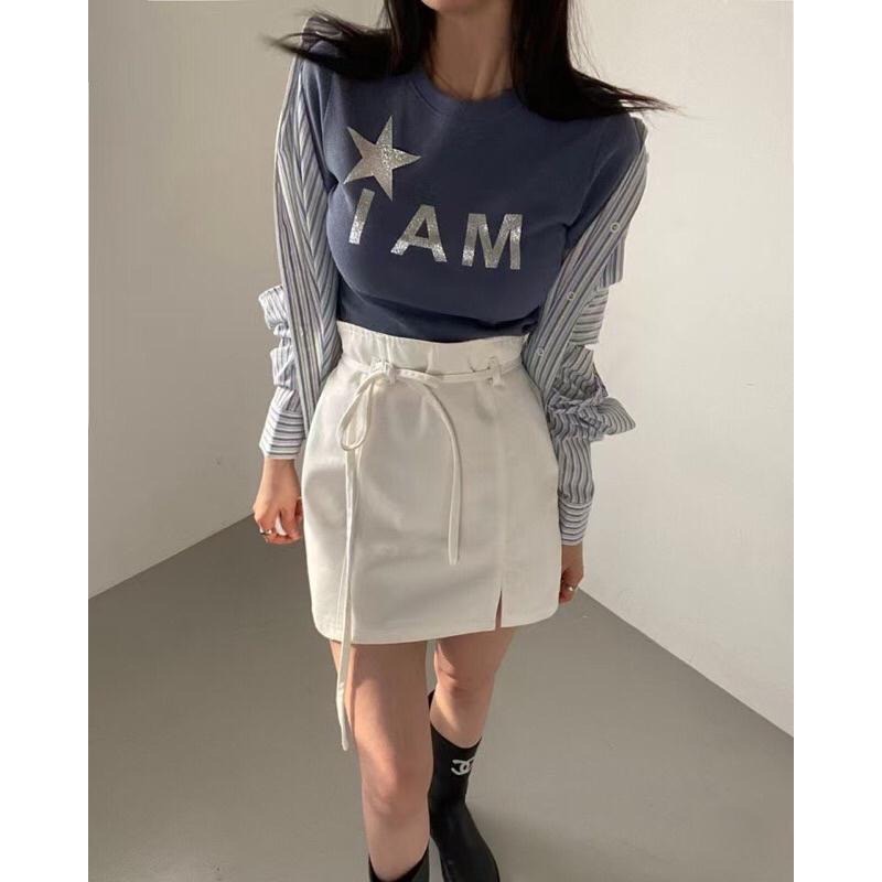 【現貨】MiaoMiao Korea 襯衫罩衫 條紋拼接露臂綁帶襯衫 春季 東大門 正韓代購-細節圖3