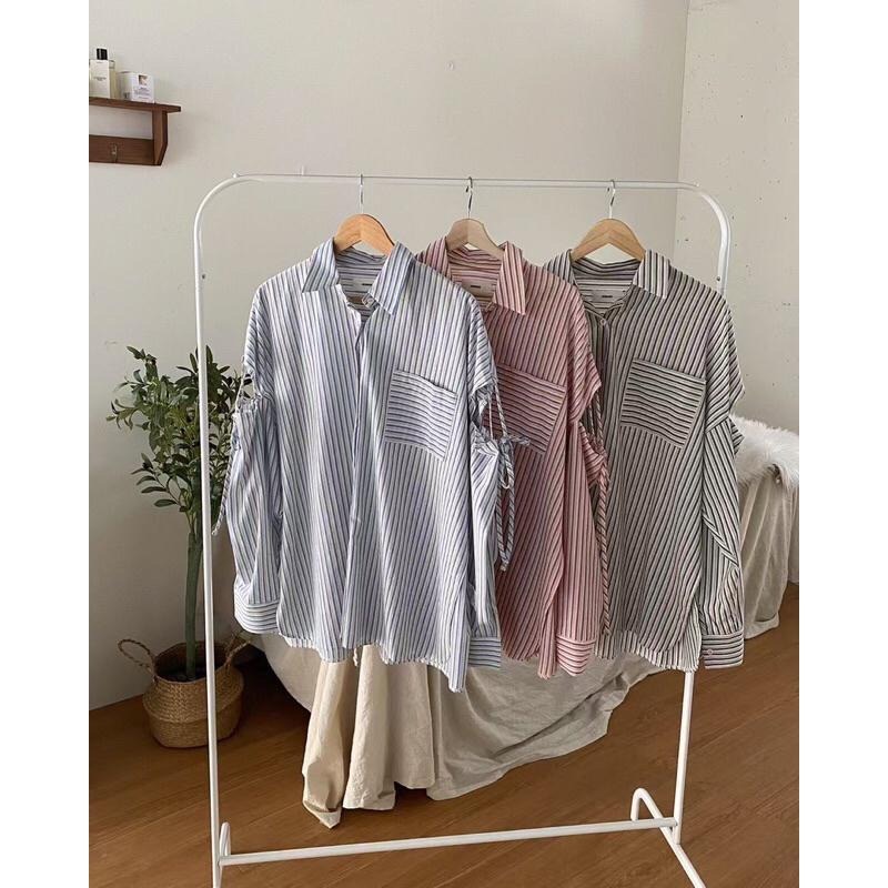 【現貨】MiaoMiao Korea 襯衫罩衫 條紋拼接露臂綁帶襯衫 春季 東大門 正韓代購-細節圖4