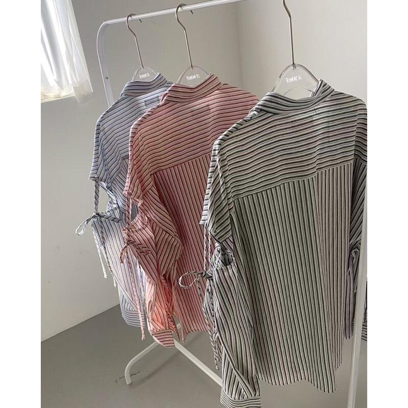 【現貨】MiaoMiao Korea 襯衫罩衫 條紋拼接露臂綁帶襯衫 春季 東大門 正韓代購-細節圖5