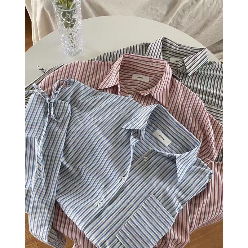 【現貨】MiaoMiao Korea 襯衫罩衫 條紋拼接露臂綁帶襯衫 春季 東大門 正韓代購-細節圖6