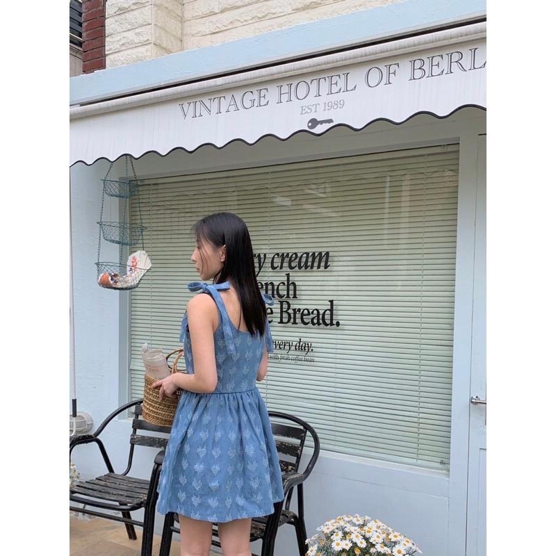 【現貨】MiaoMiao Korea 可愛甜美 愛心刺繡綁帶牛仔洋裝 夏季 東大門 正韓代購-細節圖3