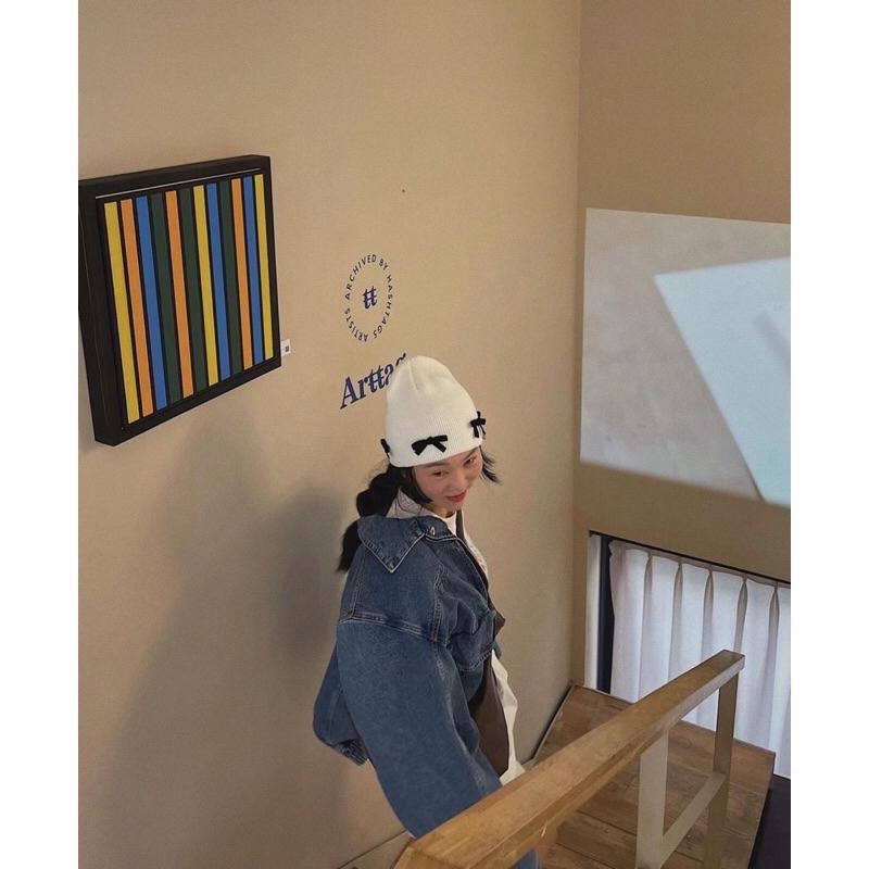 【現貨】MiaoMiao Korea 怎麼那麼好看😍 絲絨蝴蝶結掛飾撞色針織帽 秋冬 東大門 正韓代購-細節圖3