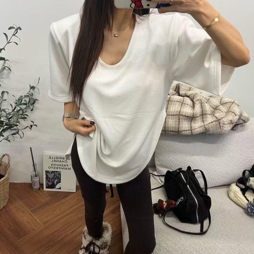 MiaoMiao Korea 加絨加厚‼️ 內刷絨短袖寬鬆素T Mienne 米妮歐膩 東大門 正韓代購-細節圖6