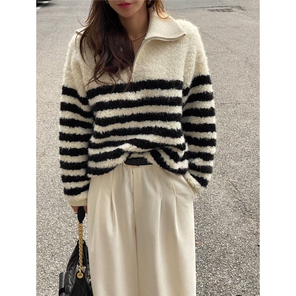 MiaoMiao Korea 立體絨毛❗️ 慵懶系半拉鏈條紋毛衣 冬季 東大門 正韓代購-細節圖2