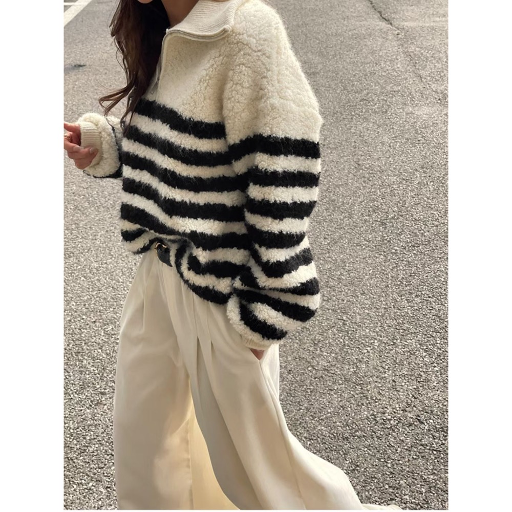 MiaoMiao Korea 立體絨毛❗️ 慵懶系半拉鏈條紋毛衣 冬季 東大門 正韓代購-細節圖3