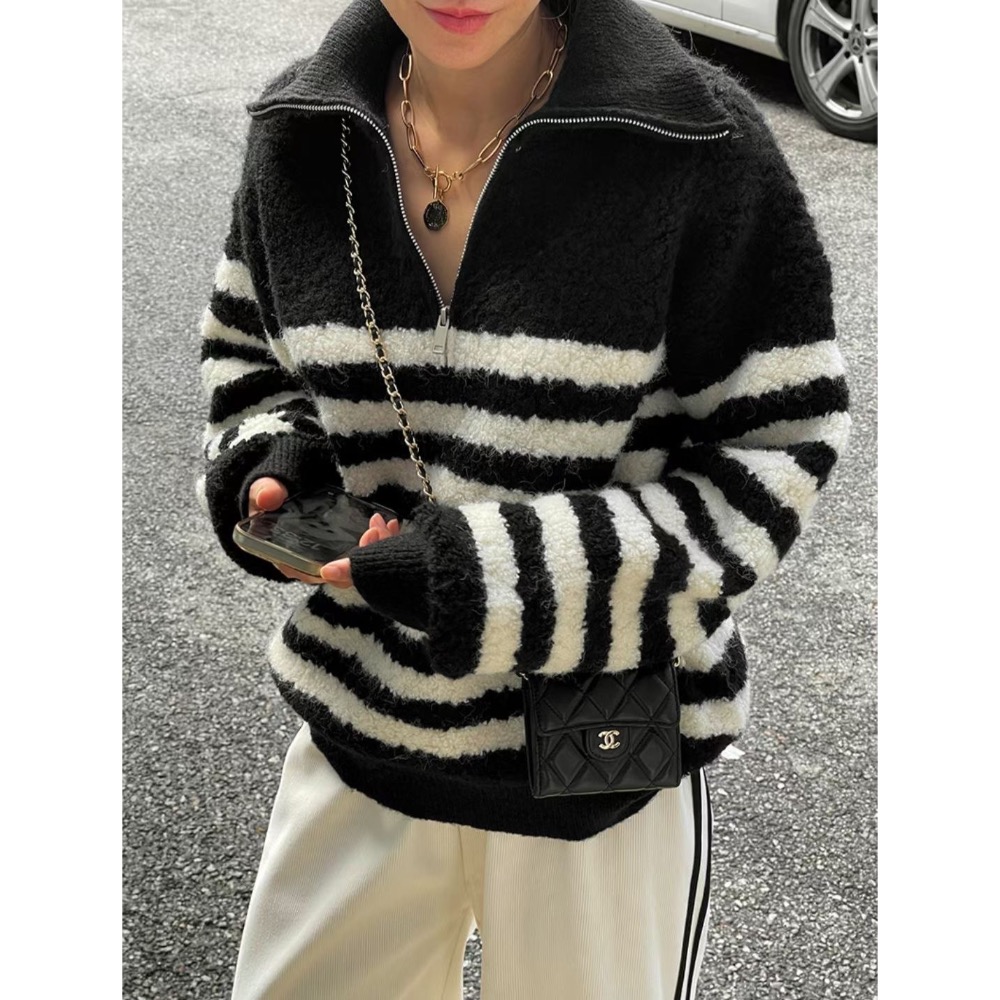 MiaoMiao Korea 立體絨毛❗️ 慵懶系半拉鏈條紋毛衣 冬季 東大門 正韓代購-細節圖8