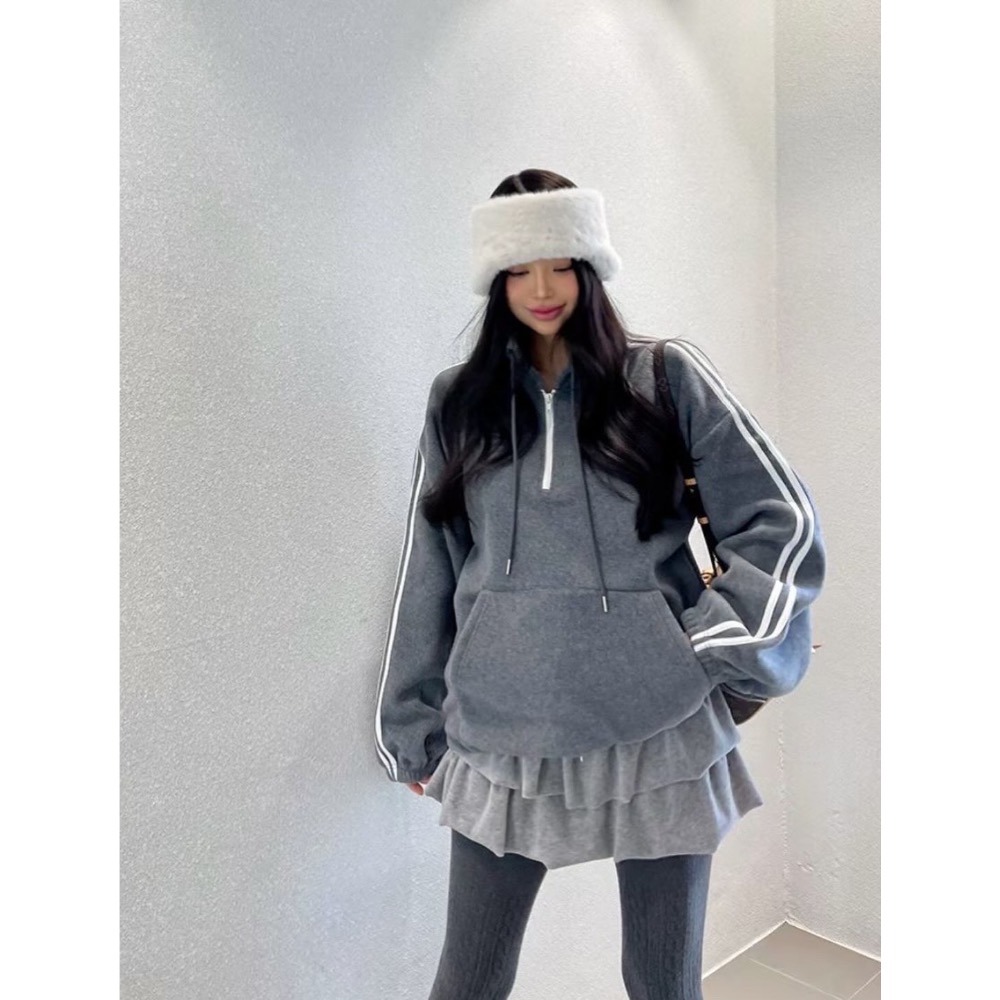 MiaoMiao Korea 復古休閒 雙條紋立領半拉鏈磨毛上衣 秋冬 東大門 正韓代購-細節圖2