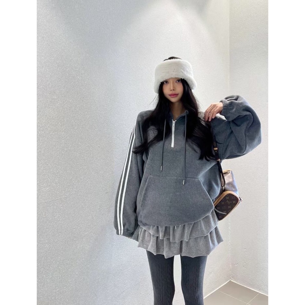 MiaoMiao Korea 復古休閒 雙條紋立領半拉鏈磨毛上衣 秋冬 東大門 正韓代購-細節圖3