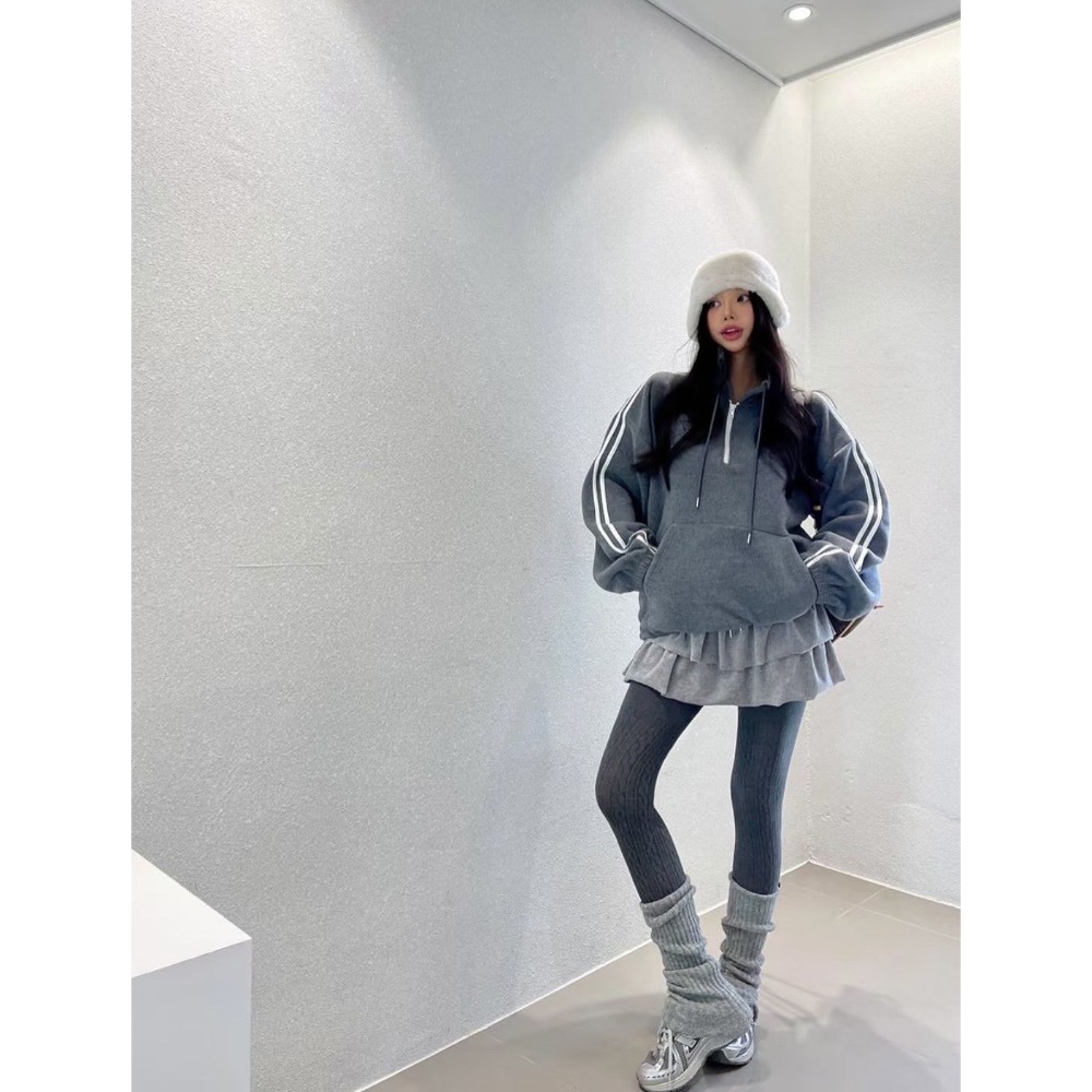 MiaoMiao Korea 復古休閒 雙條紋立領半拉鏈磨毛上衣 秋冬 東大門 正韓代購-細節圖4