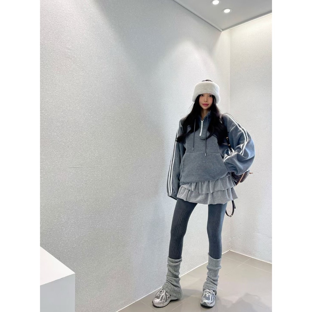 MiaoMiao Korea 復古休閒 雙條紋立領半拉鏈磨毛上衣 秋冬 東大門 正韓代購-細節圖5