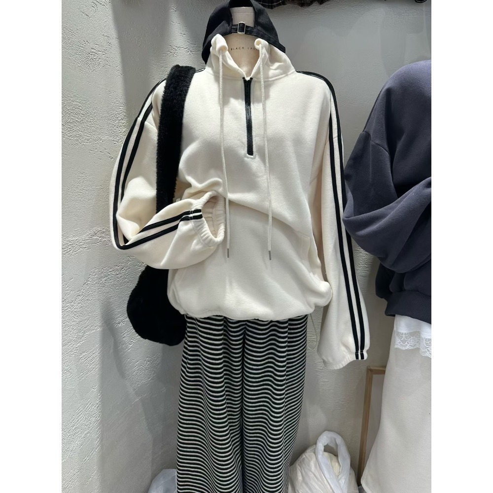 MiaoMiao Korea 復古休閒 雙條紋立領半拉鏈磨毛上衣 秋冬 東大門 正韓代購-細節圖8