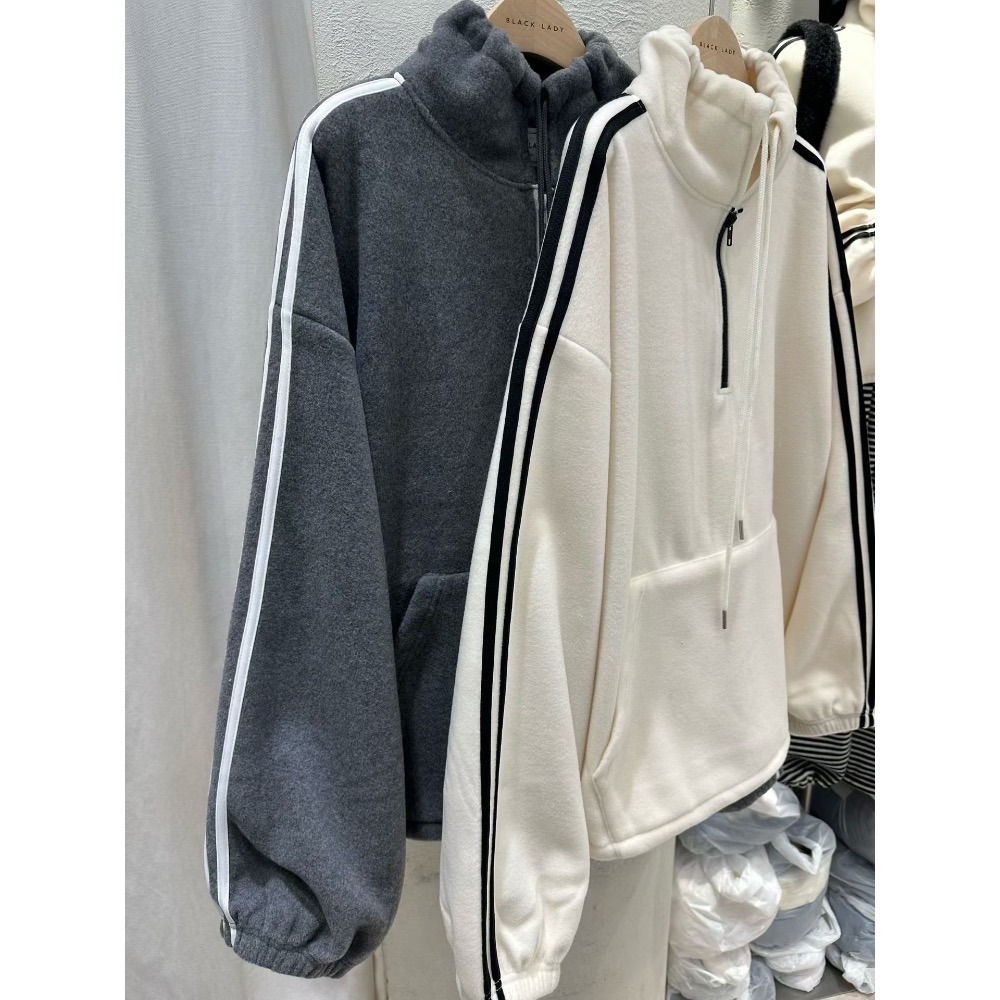 MiaoMiao Korea 復古休閒 雙條紋立領半拉鏈磨毛上衣 秋冬 東大門 正韓代購-細節圖9