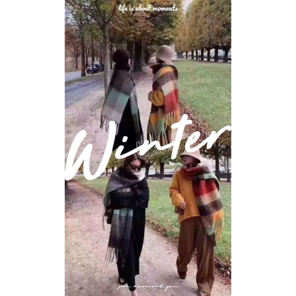 MiaoMiao Korea 顯臉小神器 馬海毛感拼色大格紋圍巾🧣 冬季 東大門 正韓代購-細節圖4