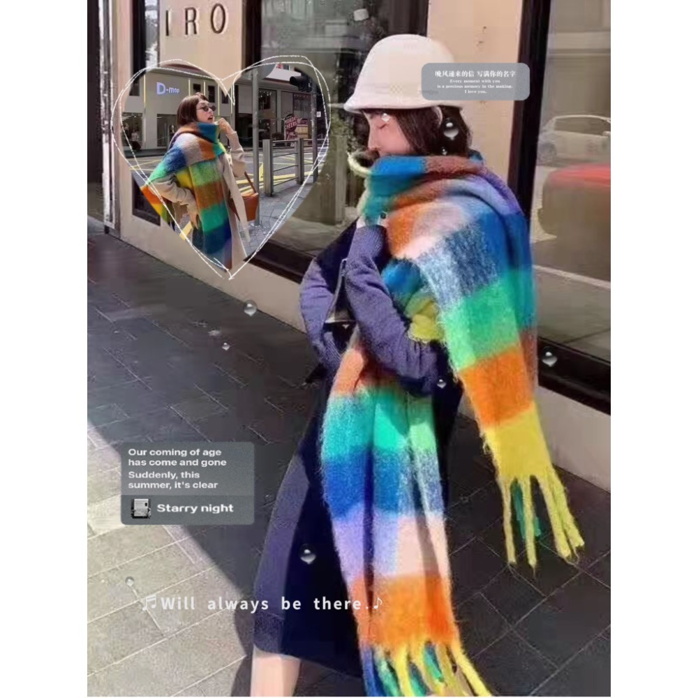 MiaoMiao Korea 顯臉小神器 馬海毛感拼色大格紋圍巾🧣 冬季 東大門 正韓代購-細節圖6