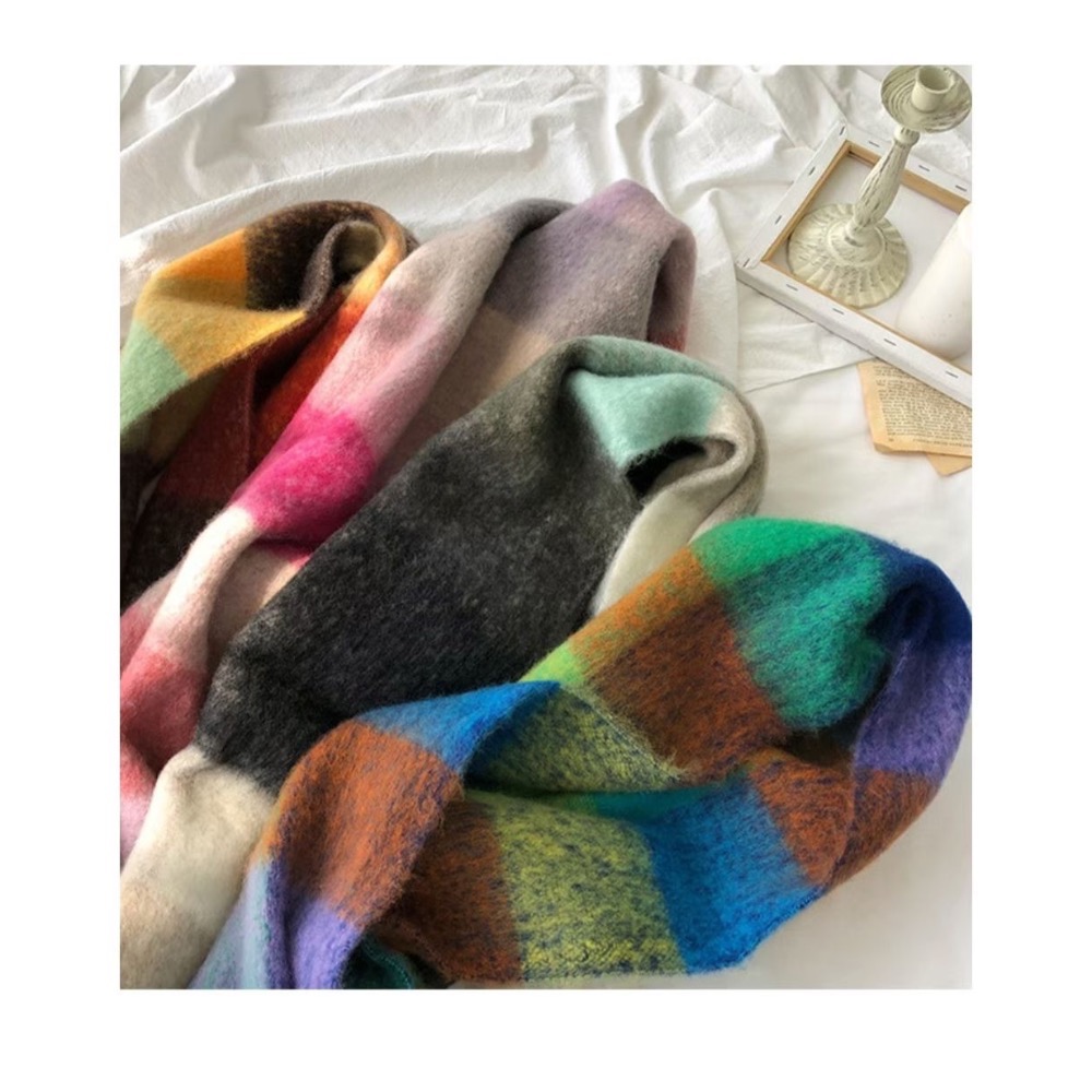 MiaoMiao Korea 顯臉小神器 馬海毛感拼色大格紋圍巾🧣 冬季 東大門 正韓代購-細節圖9