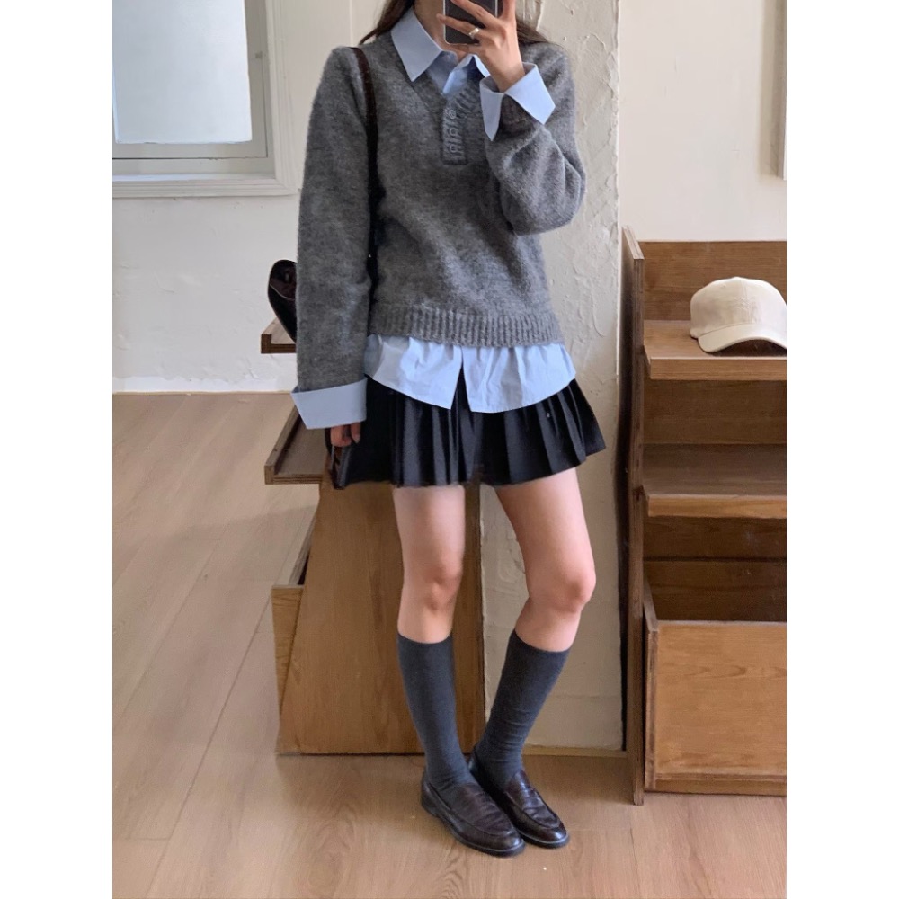 MiaoMiao Korea 學院風假兩件襯衫針織上衣 春季 東大門 正韓代購-細節圖11