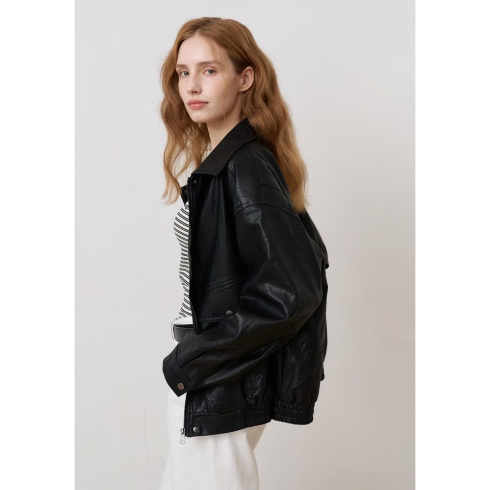 MiaoMiao Korea 帥氣日常🖤 黑色寬鬆皮夾克 春季 東大門 正韓代購-細節圖3