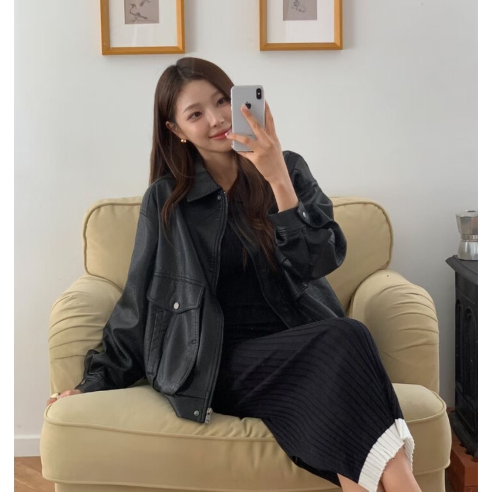 MiaoMiao Korea 帥氣日常🖤 黑色寬鬆皮夾克 春季 東大門 正韓代購-細節圖8