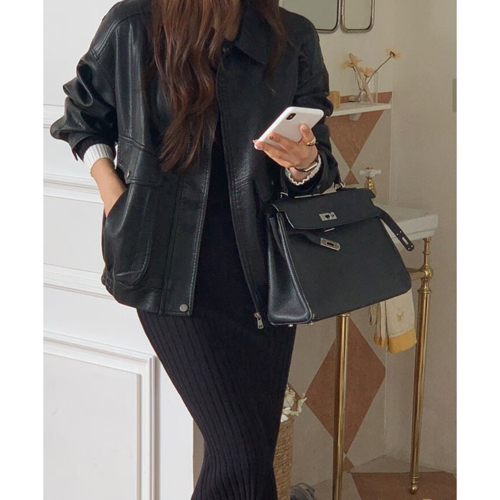 MiaoMiao Korea 帥氣日常🖤 黑色寬鬆皮夾克 春季 東大門 正韓代購-細節圖9