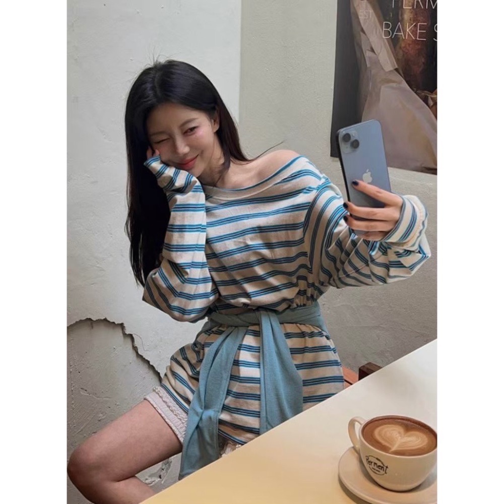 【現貨】MiaoMiao Korea 慵懶美學🩵 撞色條紋百搭T恤 春季 東大門 正韓代購-細節圖3