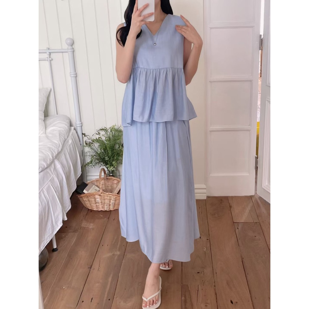 MiaoMiao Korea 一穿即美的溫柔感套裝💗 V領傘擺背心+鬆緊長裙 春夏 東大門 正韓代購-細節圖9