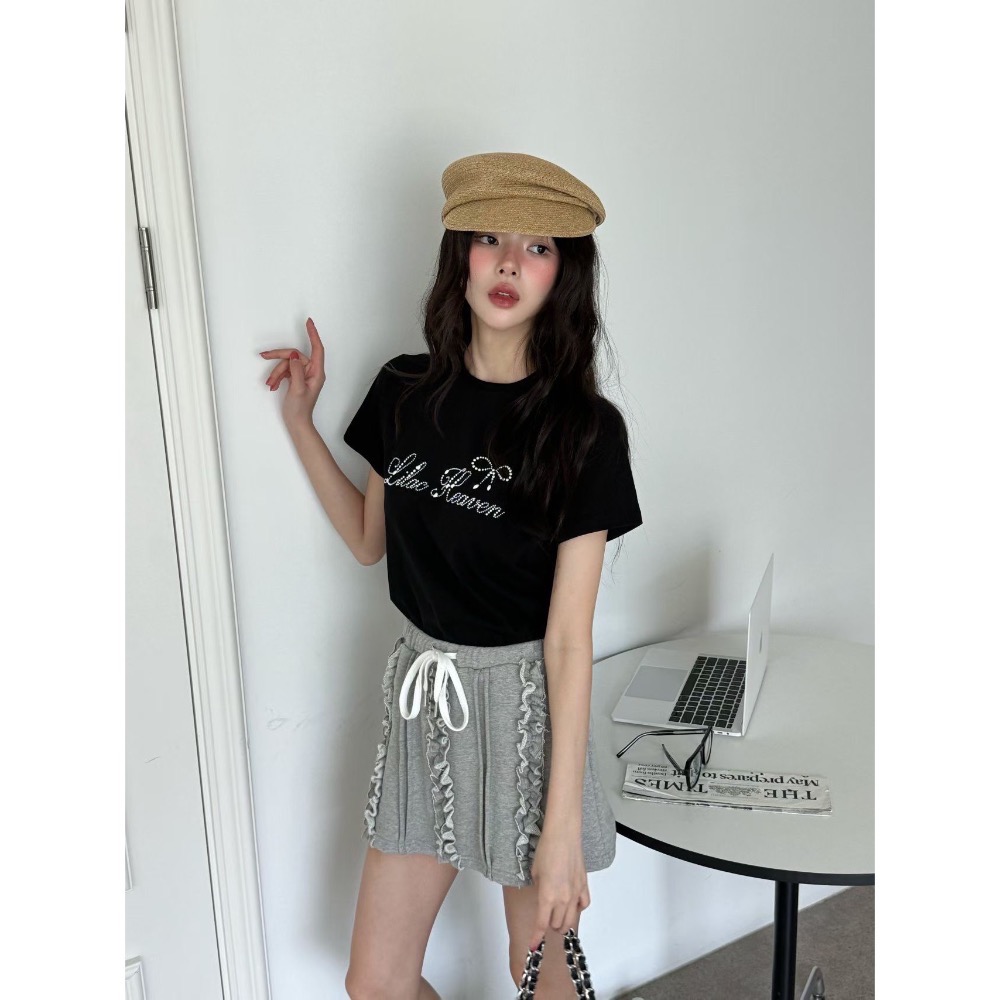 【現貨】MiaoMiao Korea 法式優雅 珍珠字母草寫T恤 春夏 東大門 正韓代購-細節圖3