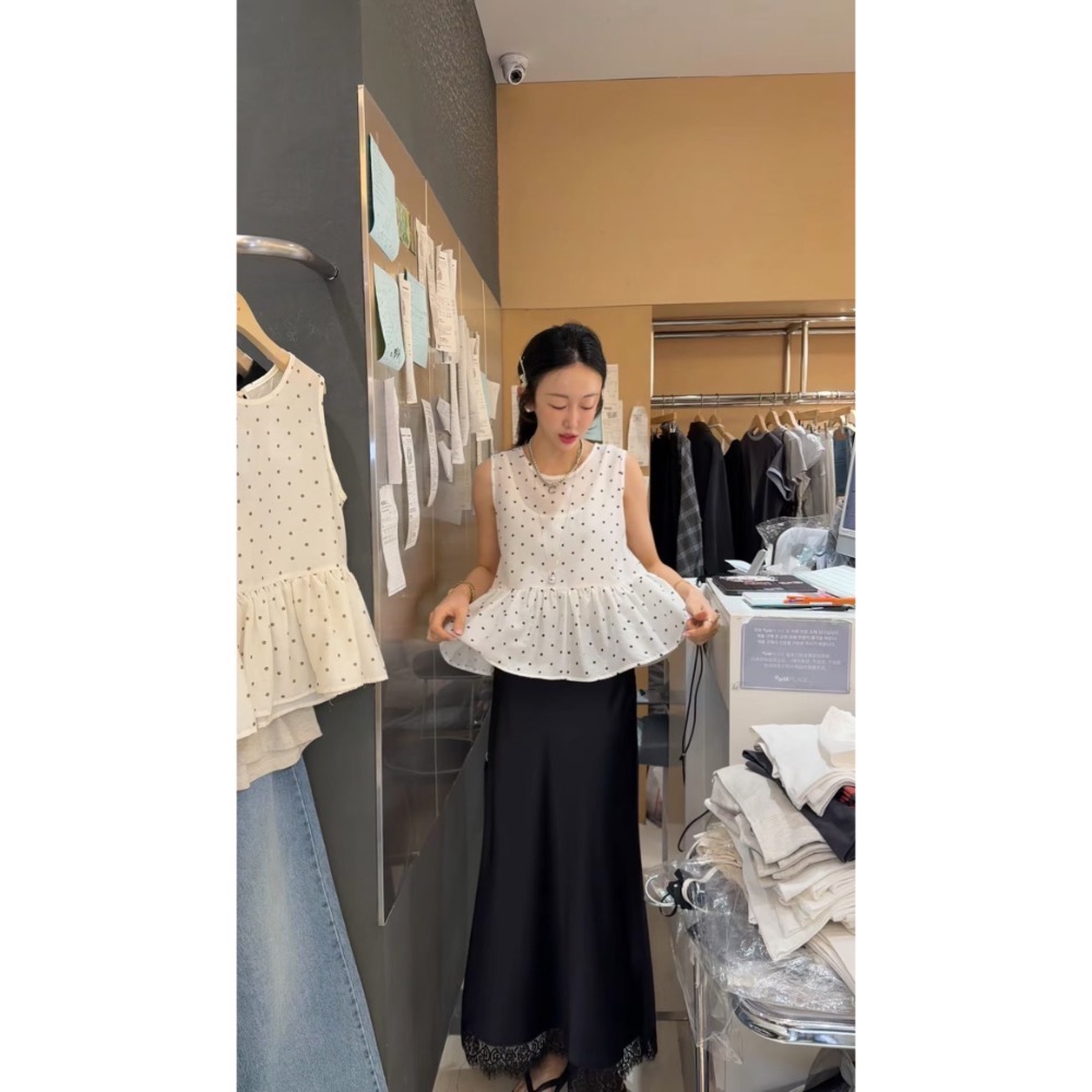 MiaoMiao Korea 波點女孩🖤 法式小波點荷葉傘擺背心 春夏 東大門 正韓代購-細節圖2