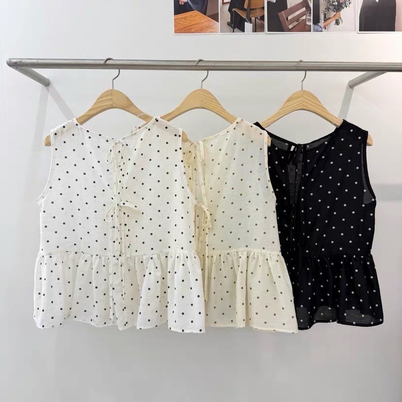 MiaoMiao Korea 波點女孩🖤 法式小波點荷葉傘擺背心 春夏 東大門 正韓代購-細節圖7